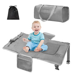 Zyphoria toddler airplane bed setup shows compact travel bed extending space for comfortable travel