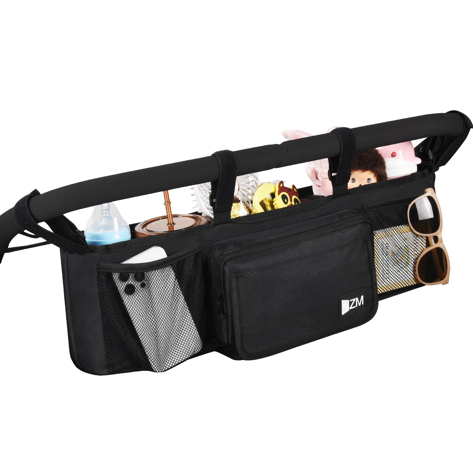 ZZM double stroller organizer fits Bob Duallie with a secure side view for jogging