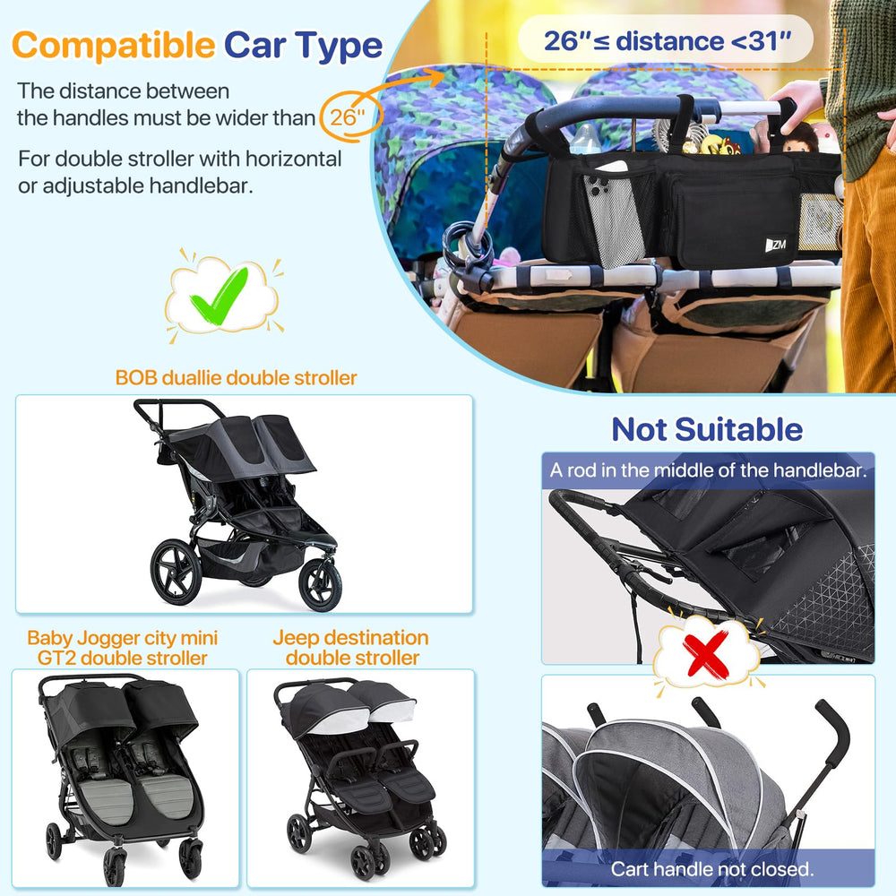 ZZM double stroller organizer demonstrates City Mini GT2 compatibility for on-the-go families