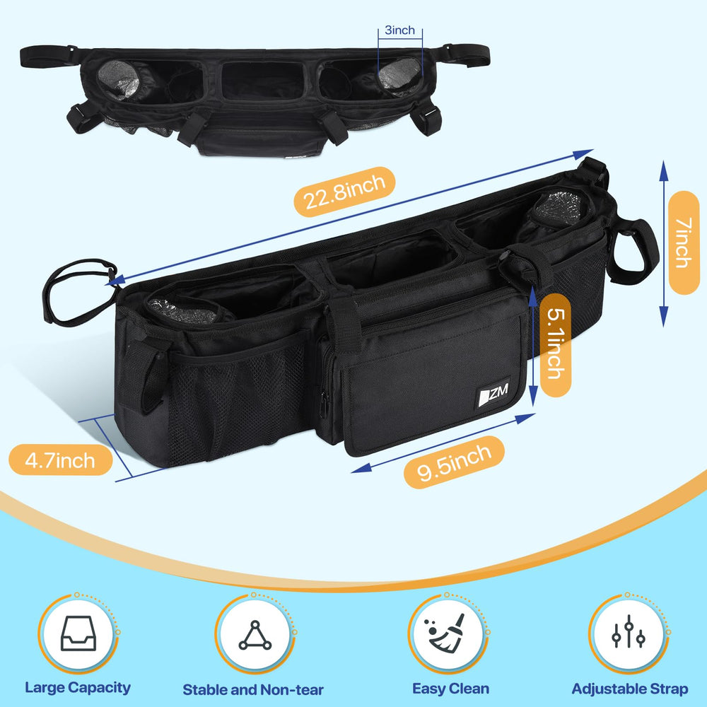 ZZM double stroller organizer installs quickly with adjustable straps on most strollers