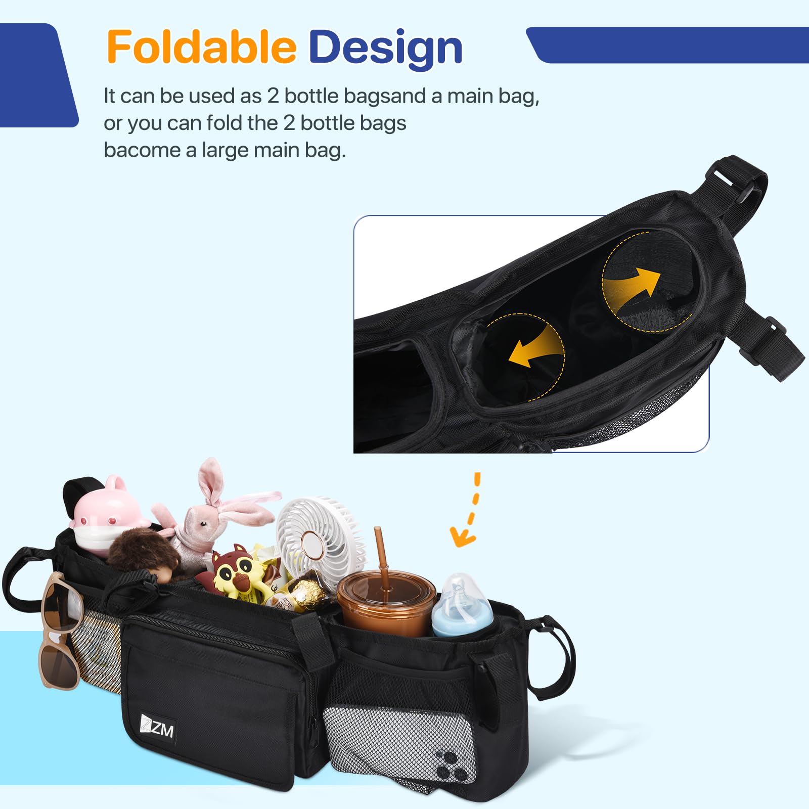 ZZM double stroller organizer front net pockets for keys and phones