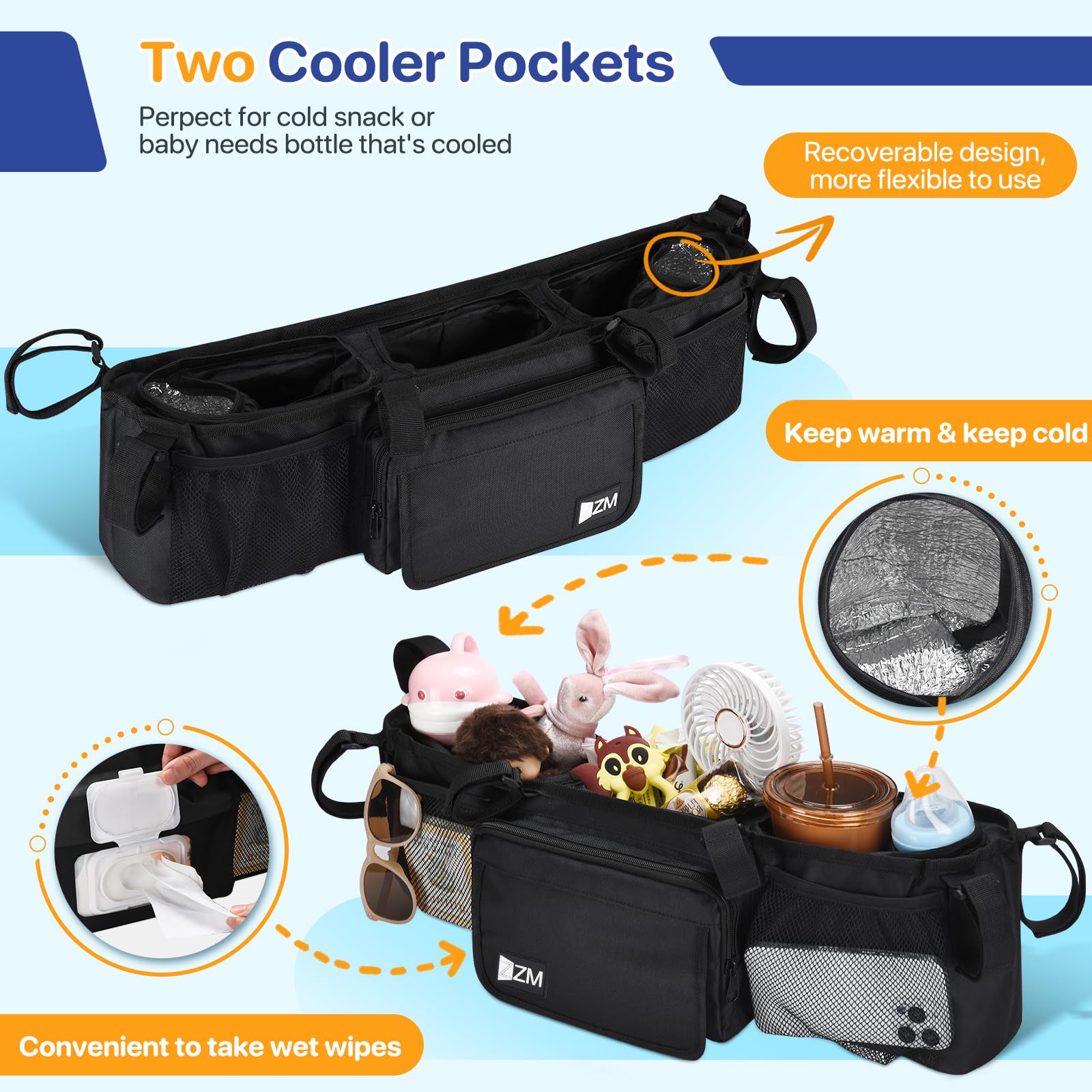 ZZM double stroller organizer shows two insulated cooler pockets for bottles on the go