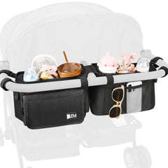 ZZM Double Stroller Organizer mounted on handlebar with accessible storage for snacks and toys