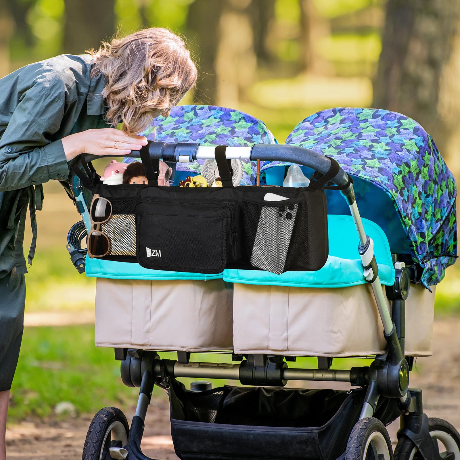 ZZM double stroller organizer uses premium nylon and padding for durable everyday use