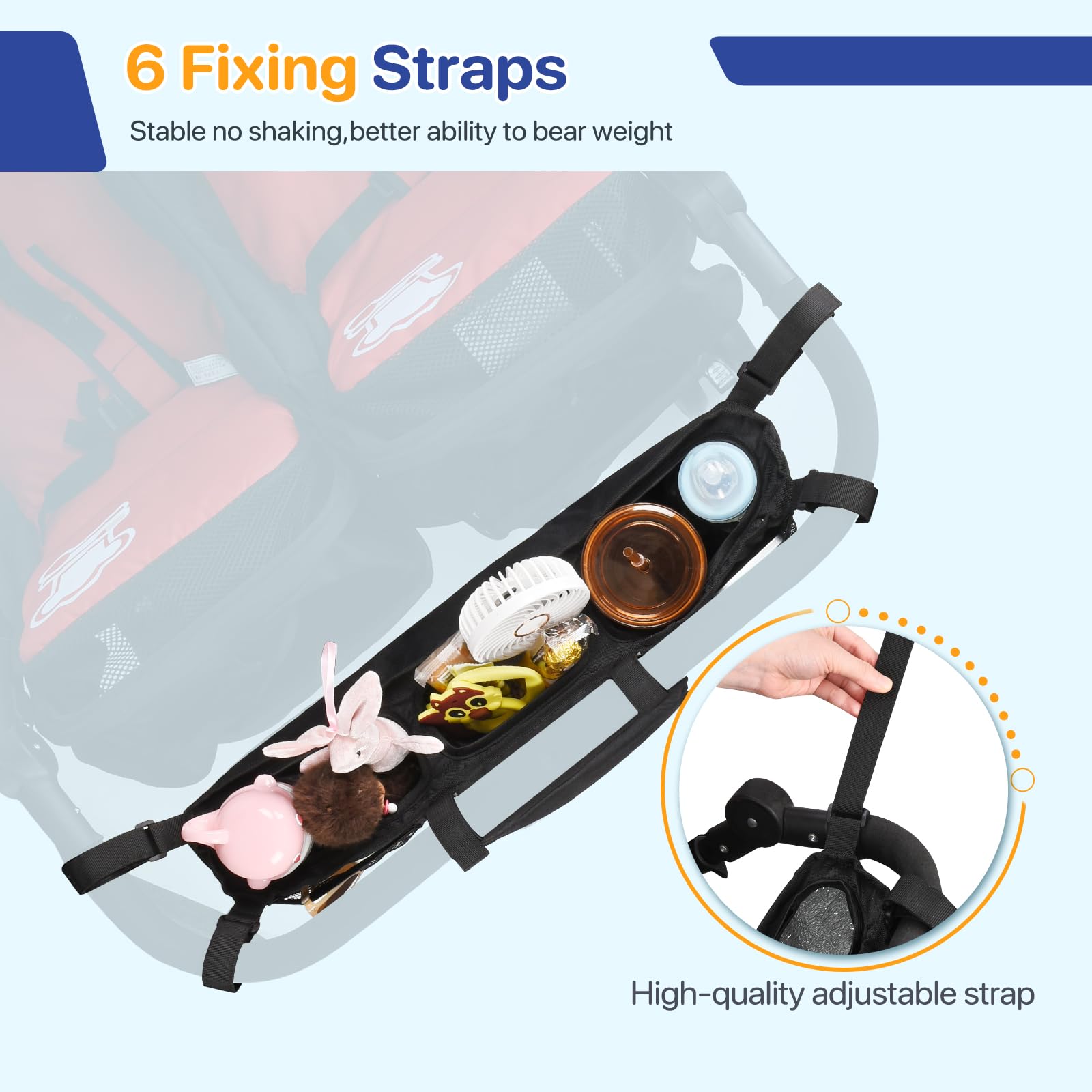 ZZM double stroller organizer uses six fixed straps to keep items stable while walking