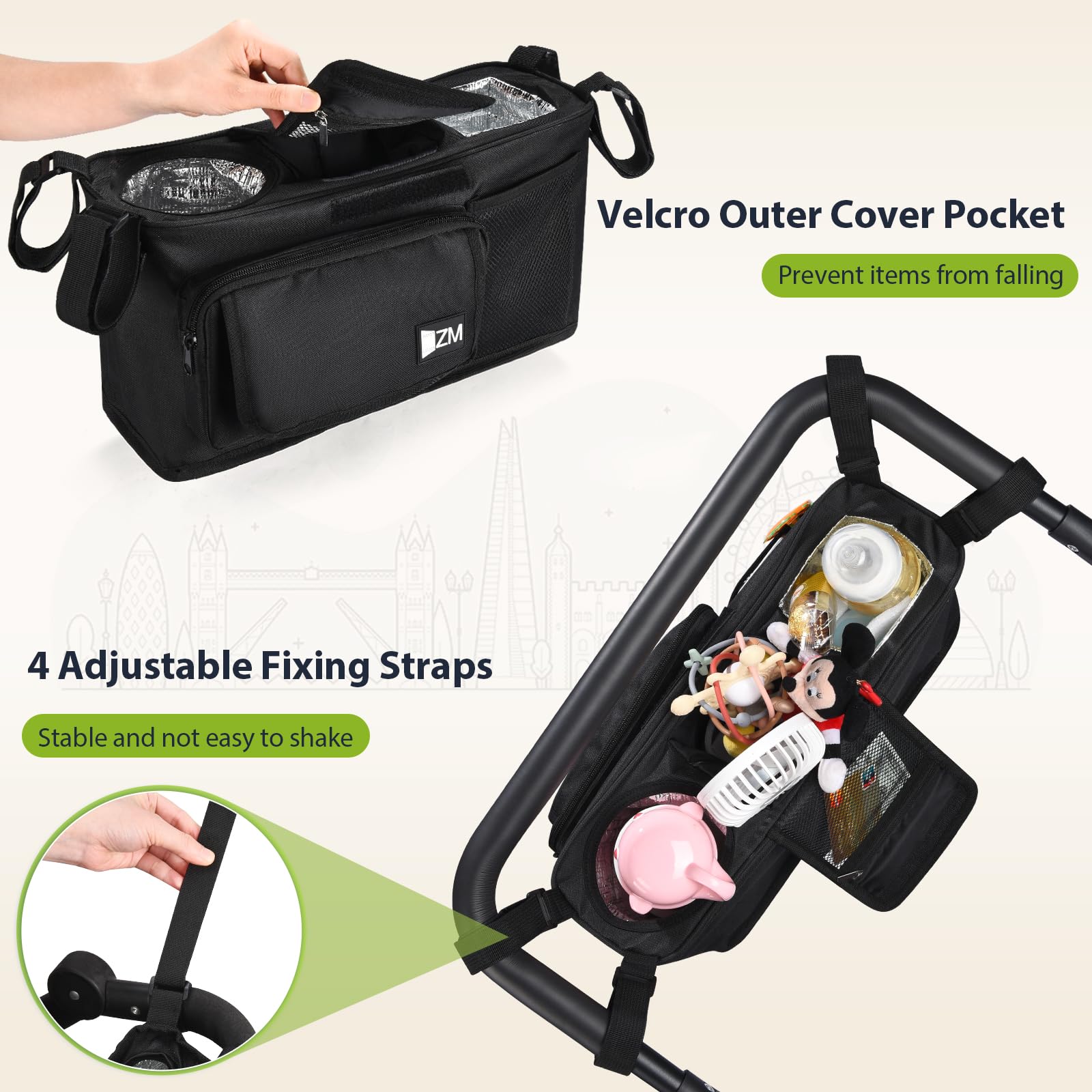ZZM Parent Console 6-in-1 bag attachment offers versatile storage and quick access
