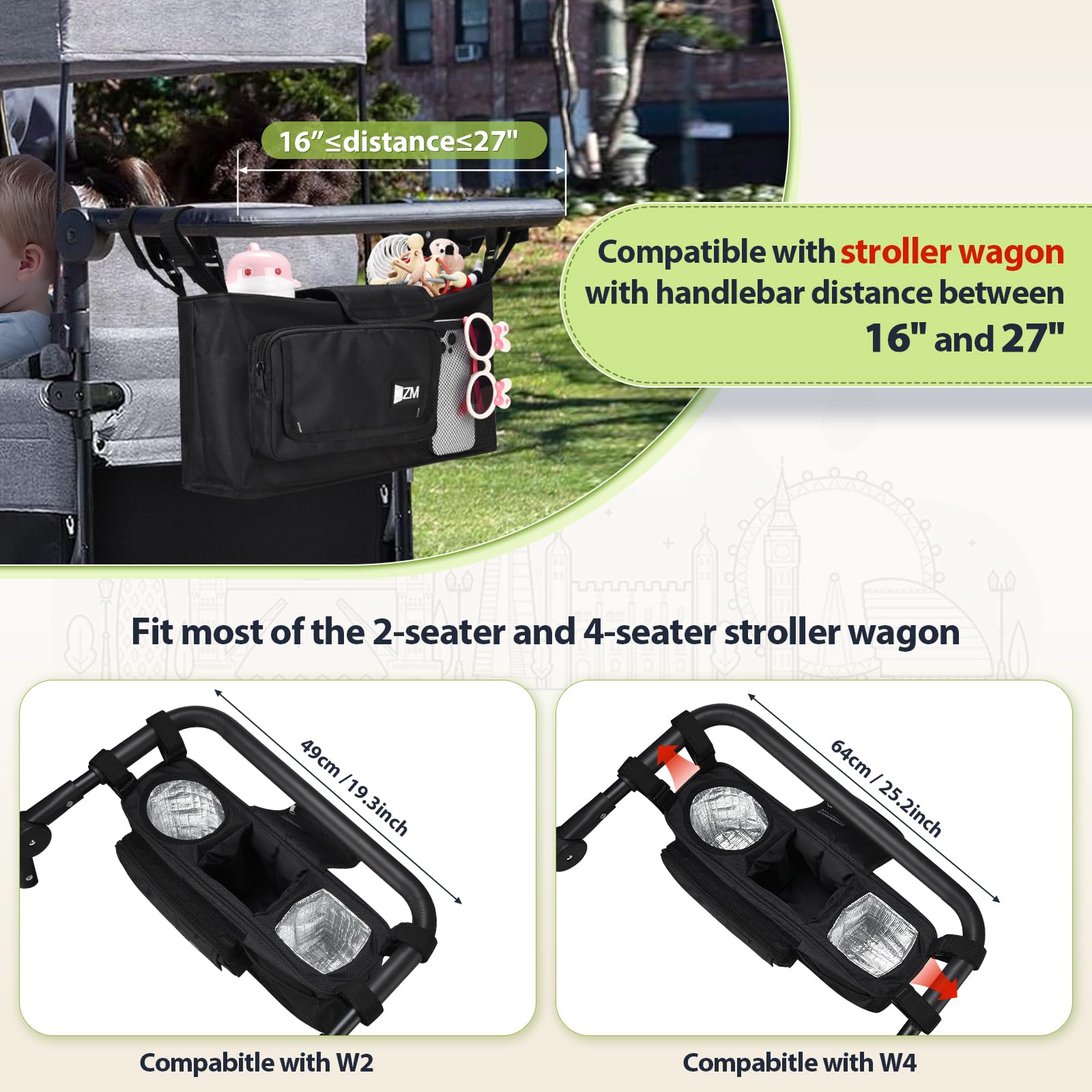 ZZM Parent Console insulated pockets keep drinks cool and snacks easily accessible