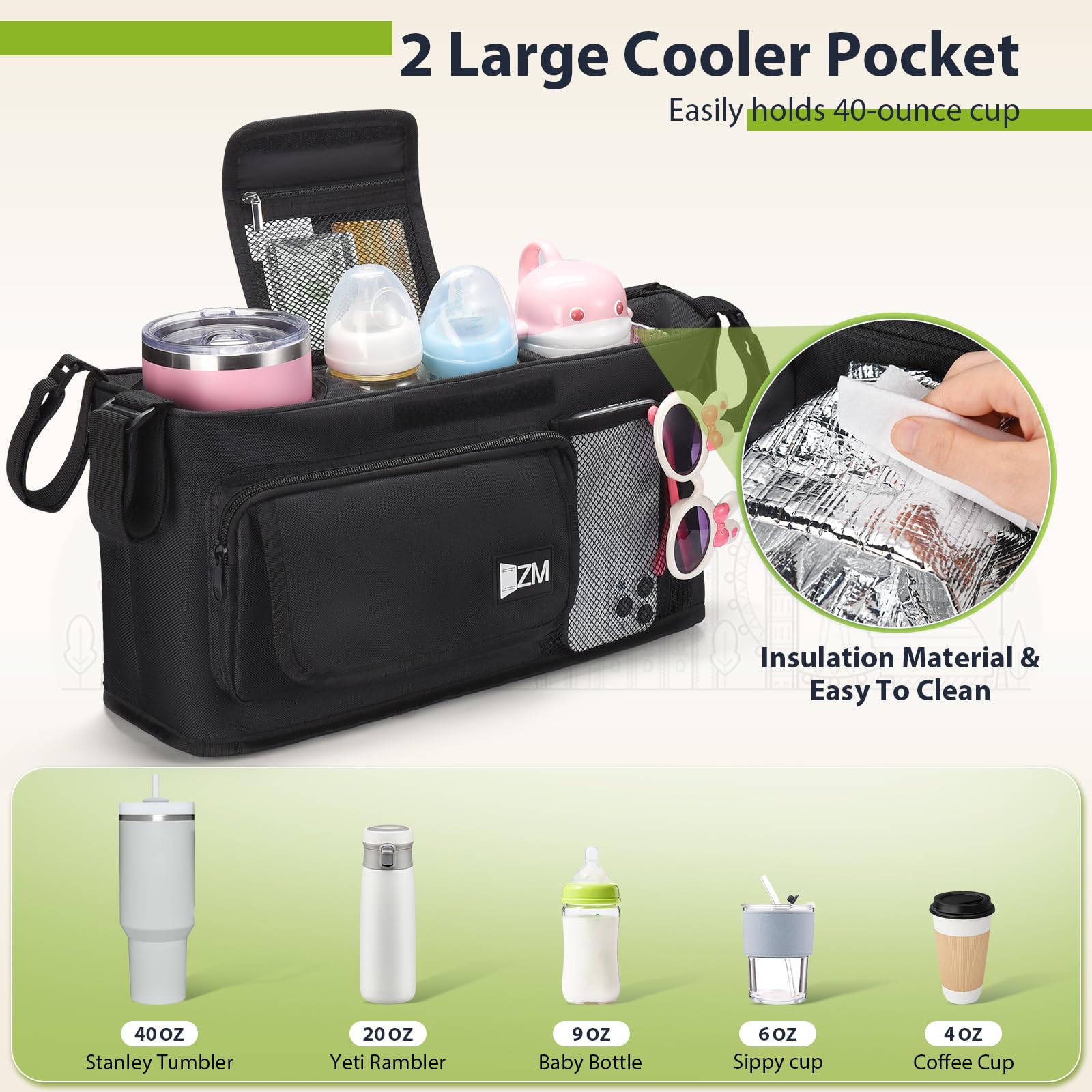 ZZM Parent Console large-capacity pockets organize bottles, phones, and toys on family trips